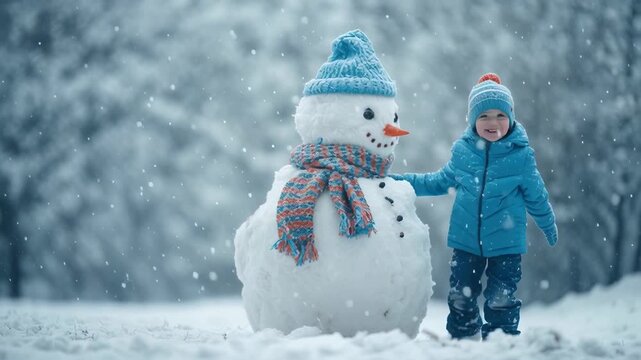 A joyful child in a blue jacket creates a snowman, smiling in a winter wonderland filled with falling snowflakes
