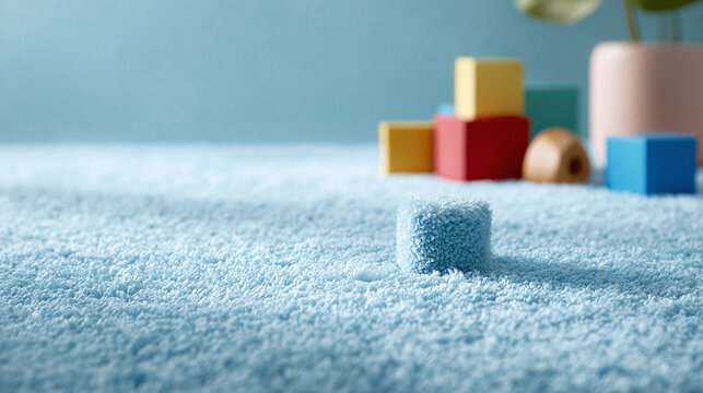 Minimalistic scene showcasing childrens play area. Soft blue carpet and blurred colorful wooden blocks. Perfect for background, texture, or childhood concept.