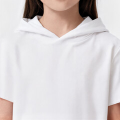 A young girl with long brown hair wears a white hoodie. The focus is on her upper body, showcasing a casual and comfortable style.