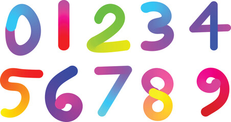 Brightly colored hand drawn numbers zero through nine with rainbow gradient effect