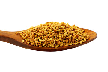 heap of Indian spice Fenugreek seeds in wooden spoon,  cutout in transparent background, png format
