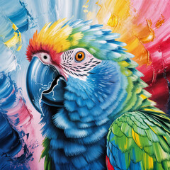 A vibrant macaw parrot with a colorful plumage. The bird displays bright blue, green, yellow, and red feathers against a colorful abstract background.