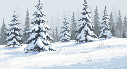 Snow-covered pine trees in a winter landscape with soft light  