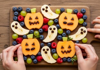 Obraz premium Creative Healthy Halloween Fruit Art Board with Pumpkin Faces and Banana Ghosts – Fun Family Snack Preparation.