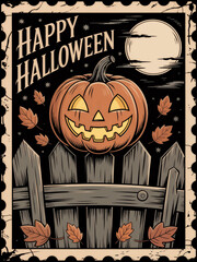 A carved pumpkin with a spooky face sits on a wooden fence. Autumn leaves fall around it. The moon glows in the night sky. Halloween theme.