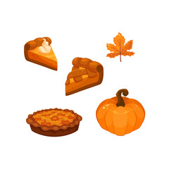 Vector collection of Thanksgiving images on white background. Autumn holidays. Cartoon style and bright colors.