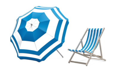 Blue and white striped beach umbrella and wooden deck chair isolated on transparent background
