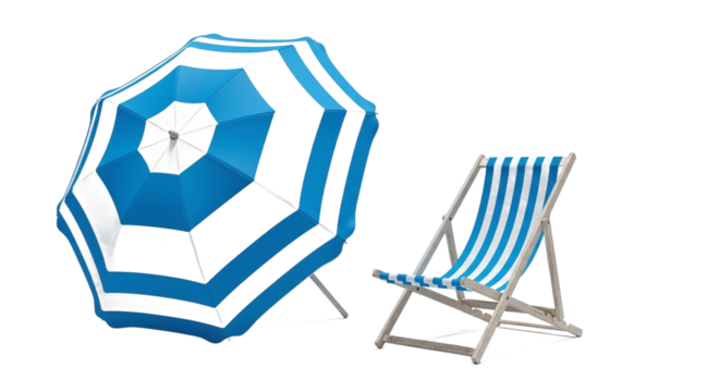 Blue and white striped beach umbrella and wooden deck chair isolated on transparent background