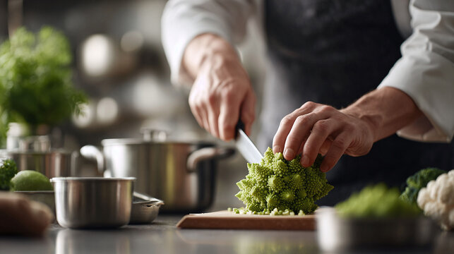 A chef expertly dices fresh romanesco broccoli. Culinary skill meets fractal beauty, conveying themes of healthy eating, precision, and gourmet food preparation.