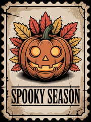 A carved pumpkin with a smiling face surrounded by colorful autumn leaves. The design features the text 'Spooky Season' at the bottom.