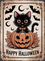 A cute black cat with large eyes sits on a carved pumpkin surrounded by autumn leaves and bats. The background features a Halloween theme with a spooky vibe.