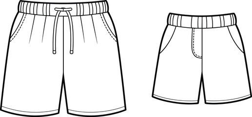Shorts fashion vector, front view comparison, drawstring waistband, elastic waist, side pockets, stitching details, casual style, technical sketch, CAD drawing