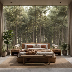 A modern bedroom with large windows overlooking a forest. The room features a wooden bed, bedside tables, and indoor plants. Natural light fills the space.