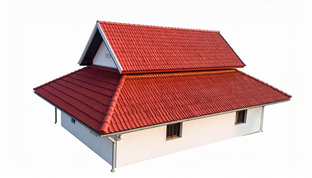 White building with red-tiled two-tiered sloped roof and rectangular windows isolated on white background for editorial architecture photography construction design and traditional roofing-themed visu