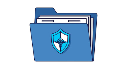 medical file security safeguarding patient data in a secure digital folder with a caduceus shield conveying healthcare privacy and data protection compliance.