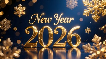 Happy New Year 2026 in gold and deep navy blue glowing snowflakes bokeh lights elegant metallic texture cinematic glow 16_9 wide
