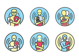Fototapeta premium Six abstract icons showcasing emotional robots embracing empathy and connection