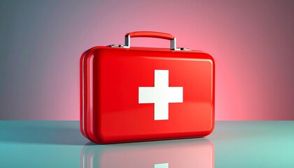 Obraz premium Red first aid kit with white cross and top handle on blue-pink gradient background for editorial healthcare photography emergency preparedness design and poetic safety-themed visuals