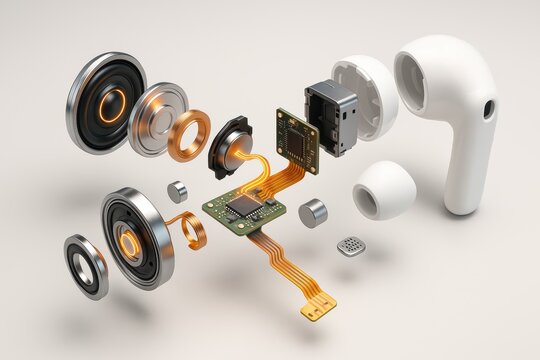 Dissected Earbud: An exploded view of a sleek, wireless earbud reveals its intricate internal components, showcasing the synergy of technology and design.