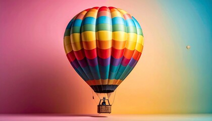 Colorful hot air balloon with rainbow panels floating at sunrise with scenic sky and distant balloons for editorial travel photography adventure design and poetic elevation-themed visuals