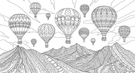 Whimsical hot air balloons ascend over a detailed mountain range in a monochrome artistic illustration with a vintage feel