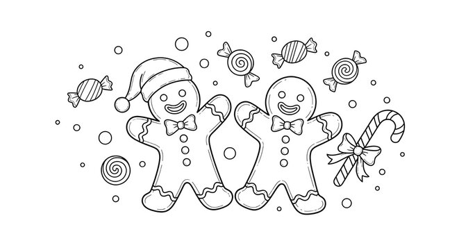Two happy gingerbread men with santa hat and candy cane surrounded by festive christmas candies and snowflakes for coloring