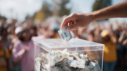 Fototapeta na wymiar Hand placing money into a donation box before a crowd. Charity, fundraising, or investment concept. Use for campaigns, nonprofits, finance, giving back, and community.
