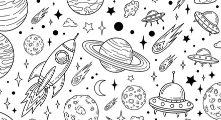 Whimsical hand drawn doodle pattern of planets rockets stars moons and ufos creating a fun cosmic space adventure theme