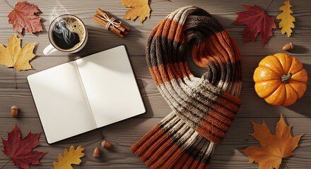Cozy Autumn Flat Lay with Knitted Scarf Empty Notebook Hot Coffee Pumpkin Fall Leaves and Cinnamon Creating Warm Seasonal Lifestyle Scene