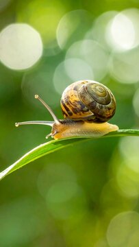 A snail slowly crawling on a green leaf, with bokeh background