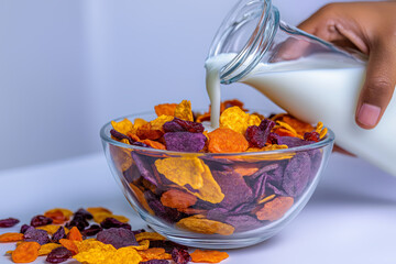 Colorful breakfast cereal made of natural grains with sliced fruit, milk pouring in slow motion. 