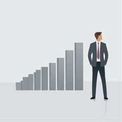 Fototapeta premium Confident businessman observing upward trending bar graph symbolizing growth, success, and future business potential in a modern professional setting.