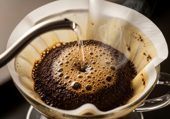 Pour-Over Coffee Bloom with Hot Water Stream — Close-Up