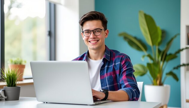 Smiling Young Man Working on Laptop in Modern Home Office Bright Environment Lifestyle Concept