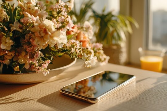Close-up of a gold smartphone on a wooden surface next to a flower vase with morning sun, offering a cozy and aesthetic view with orange juice. - Powered by Adobe