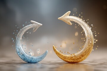 Two circular arrows made of water, one golden and one silver, symbolizing the continuous exchange of energy and resources, creating a sense of fluidity and movement, with droplets.