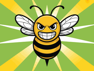 Angry Bee Cartoon Character with Sunburst Background - Vector Illustration