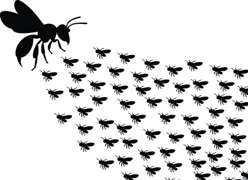 An aerial swarm of individual wasps flying in formation below a larger wasp, symbolizing unity, teamwork, and collective action in nature