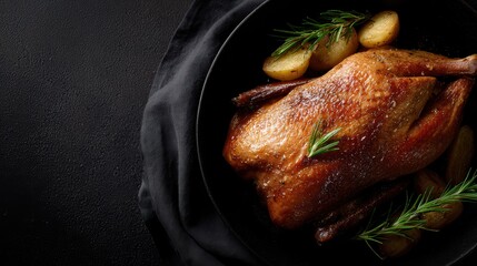 Overhead shot of baked duck, simple dark backdrop, copy space, rustic, warm tones