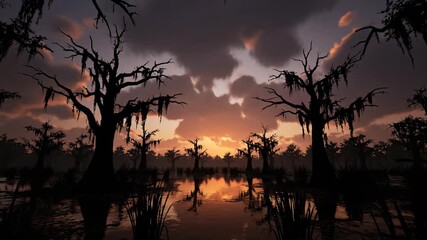 Wide-angle shot of a desolate swamp landscape at dusk, with gnarled tree silhouettes against a dramatic, cloudy sky moody, untouched, desolate swamp - Powered by Adobe