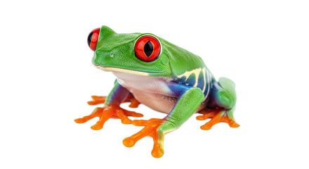Fototapeta premium Red-eyed tree frog with bright green body, vibrant red eyes, and orange feet, isolated on transparent background