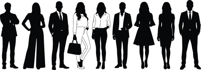 Business people silhouette set, professional attire icons, corporate fashion vector, standing pose design, office outfit illustration, team diversity art