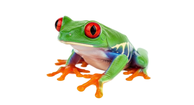 Red-eyed tree frog with bright green body, vibrant red eyes, and orange feet, isolated on transparent background