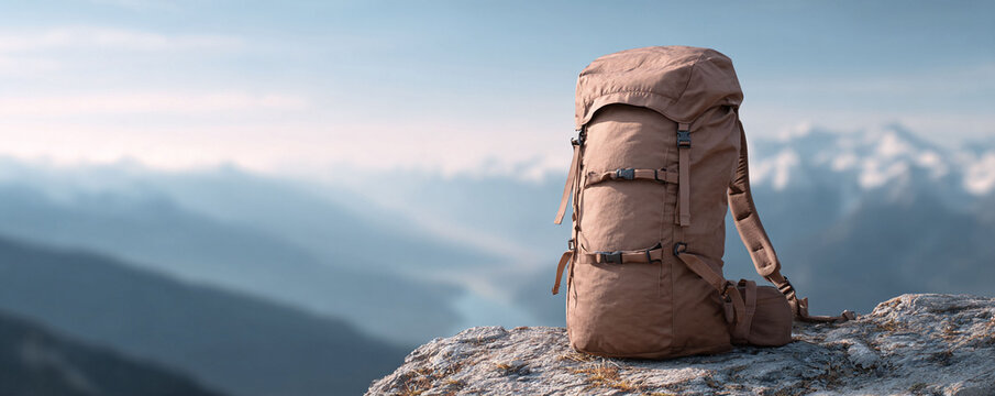Backpack on a mountain peak, adventure awaits. Symbol of freedom, exploration, and preparedness. Great for travel, lifestyle,  outdoorthemed visuals.