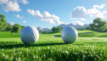 Fototapeta premium Two Golf Balls on Green Grass with Blue Sky and Clouds.
