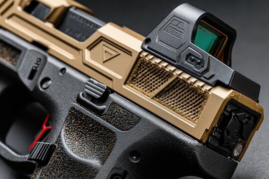 Close-up studio shot showcasing a custom-designed pistol with gold accents, set against a dark background, highlighting its detailed texture and unique features.