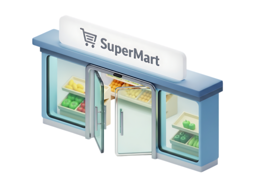 Illustration of a supermarket storefront with open doors and displays isolated on transparent background