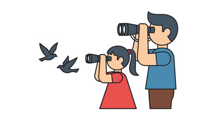 Father and daughter observing birds with binoculars.