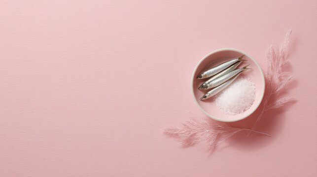 Natural collagen, plant or fish based, flatlay, top view on pink, copy space