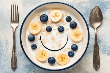 Cartoon illustration of a cheerful breakfast bowl with smiling oatmeal, blueberries and banana slices as eyes, bright pastel background. 